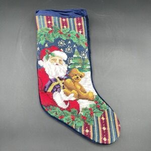 Vintage Needlepoint Christmas Stocking Santa Teddy Bear Velvet Back 17.5"